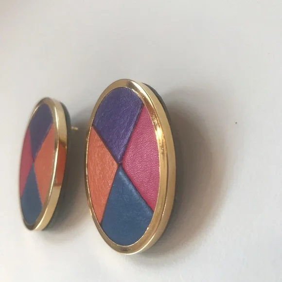 Vintage 80s Earrings, Leather or Vegan Leather Oval Gold Purple Orange Pink Blue - Picture 5 of 7